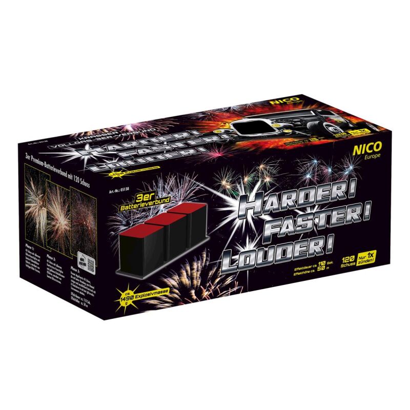 Jetzt Harder! Faster! Louder! 120-Schuss-Feuerwerkverbund ab 127.49€ bestellen